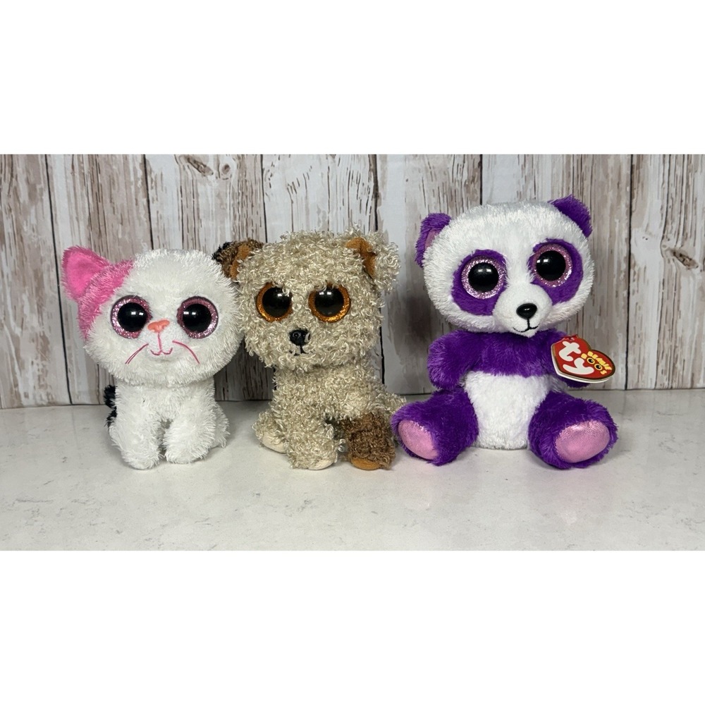 Ty Beanie Boos Lot Retired Rootbeer, Boom Boom, Muffin Plush 3 Cat Dog Panda